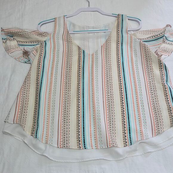 BISOU BISOU short sleeve open shoulder blouse with lining underneath size M - Picture 6 of 7